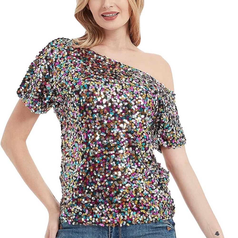 Multicolored One Shoulder Sexy Sequin top Small New with tags